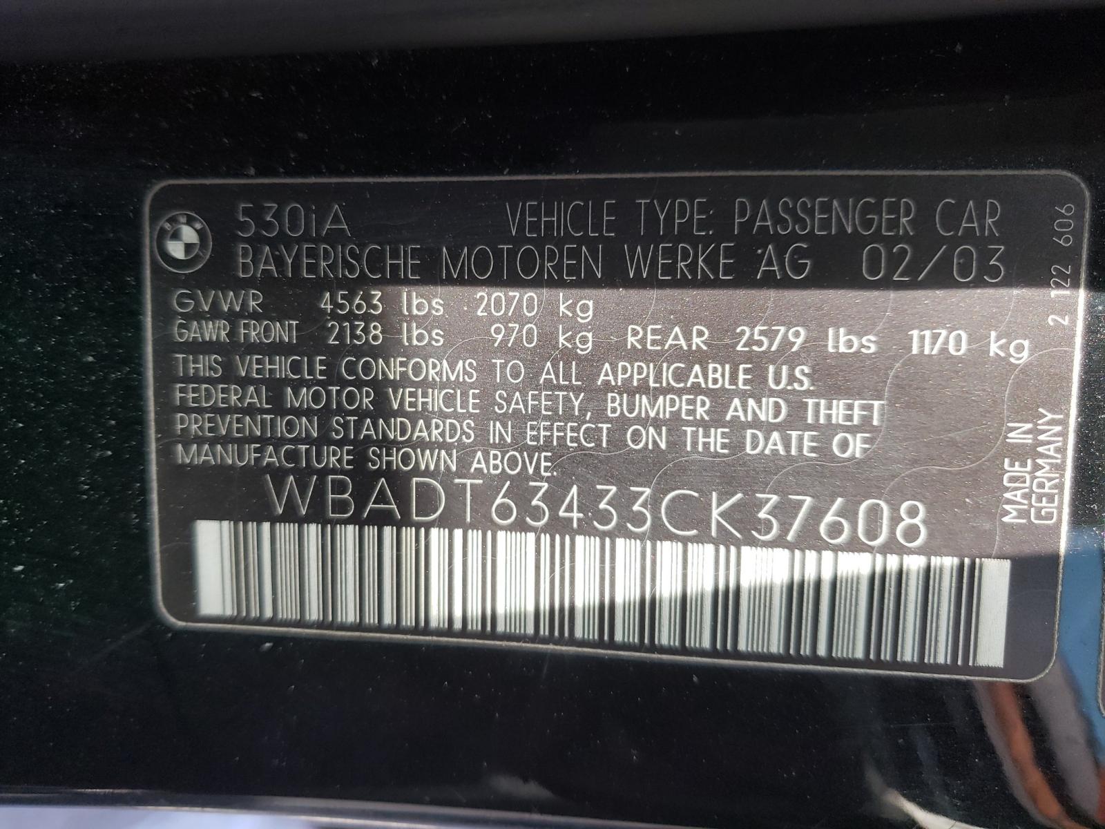 Photo 10 from auction – 2003 BMW 530 I AUTO with VIN WBADT63433CK37608
