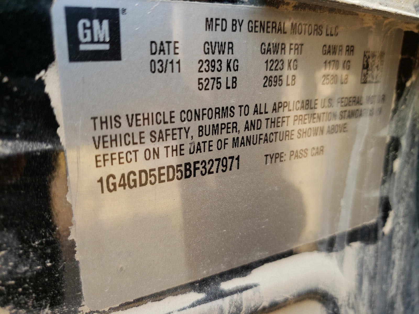 Photo 10 from auction – 2011 BUICK LACROSSE C with VIN 1G4GD5ED5BF327971