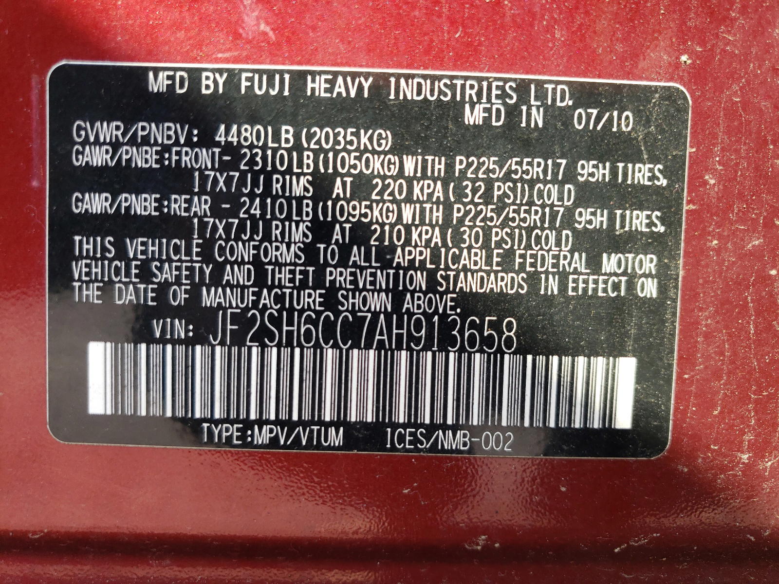 Photo 10 from auction – 2010 SUBARU FORESTER 2 with VIN JF2SH6CC7AH913658