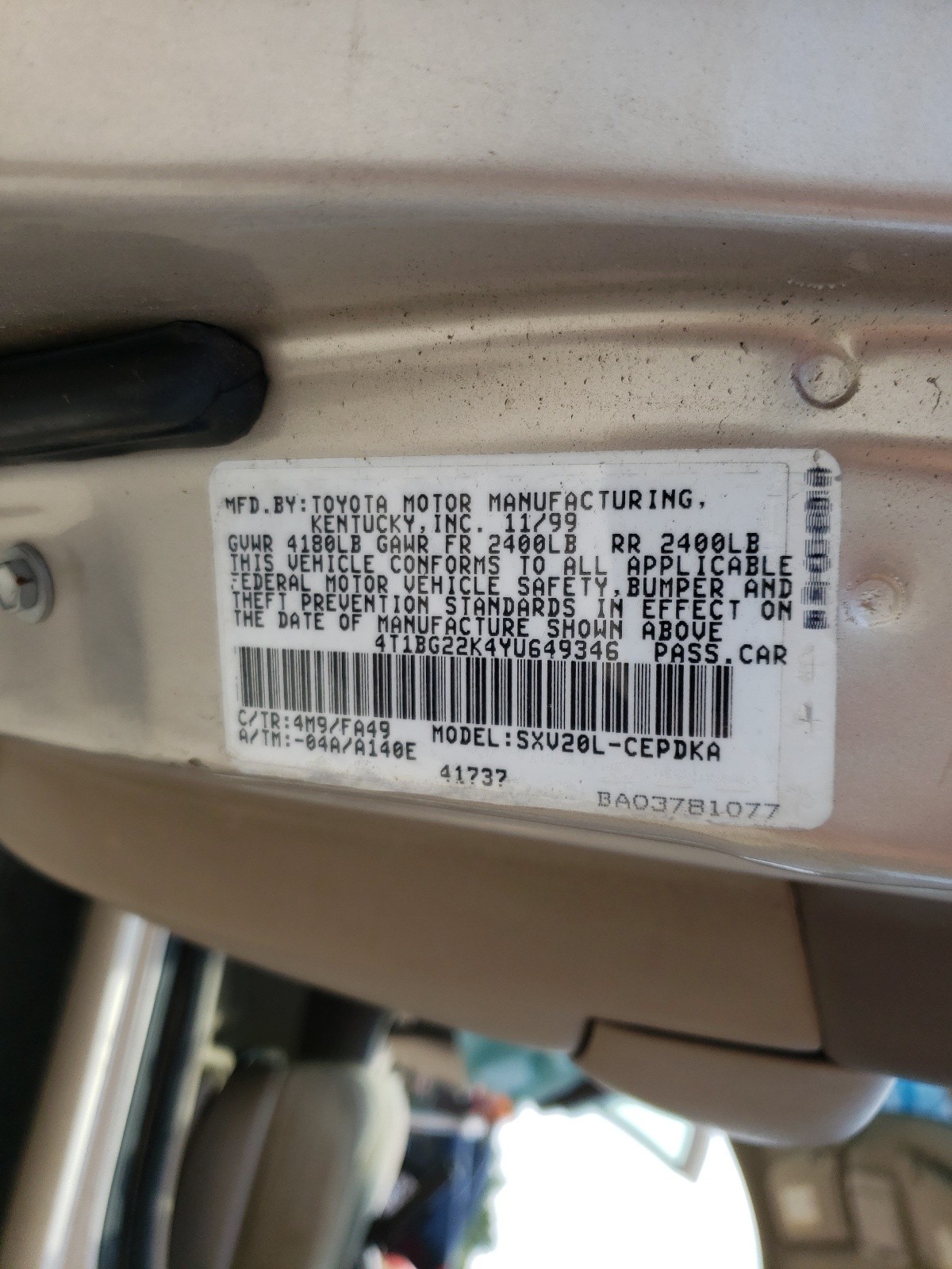 Photo 10 from auction – 2000 TOYOTA CAMRY CE with VIN 4T1BG22K4YU649346