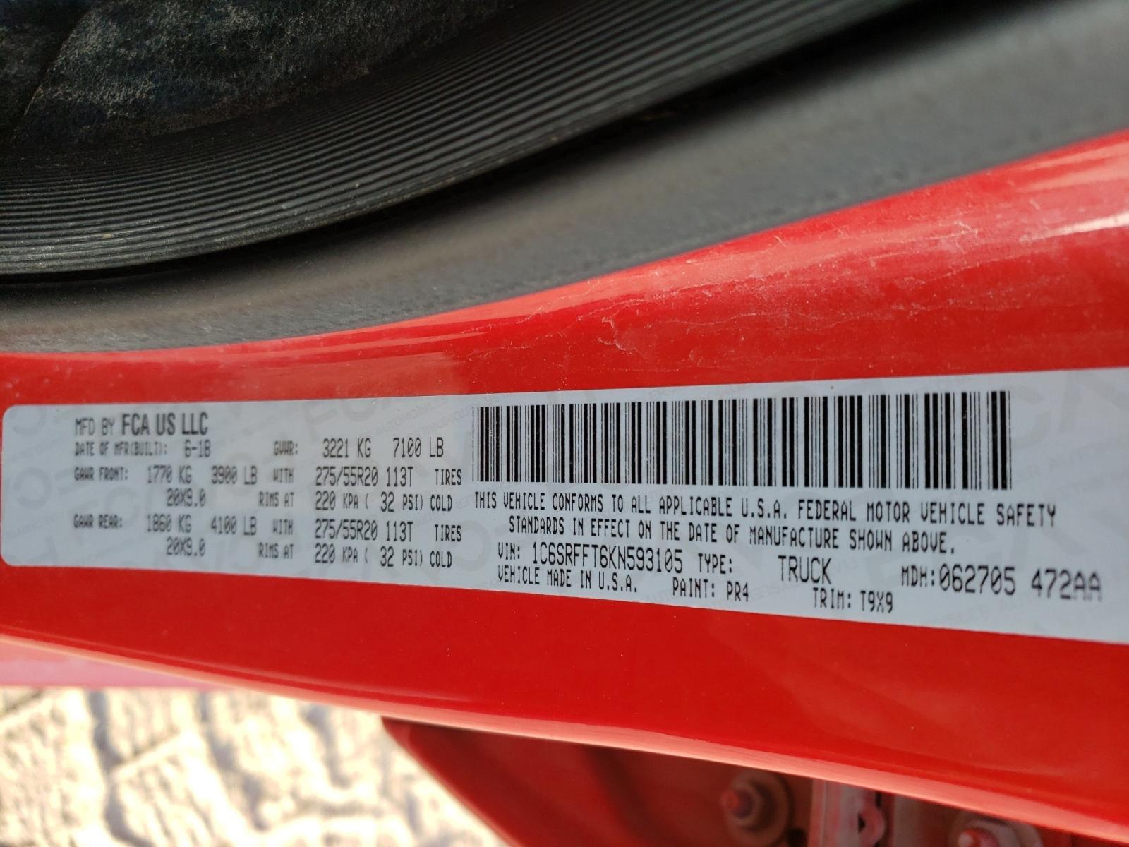 Photo 10 from auction – 2019 RAM 1500 BIG H with VIN 1C6SRFFT6KN593105