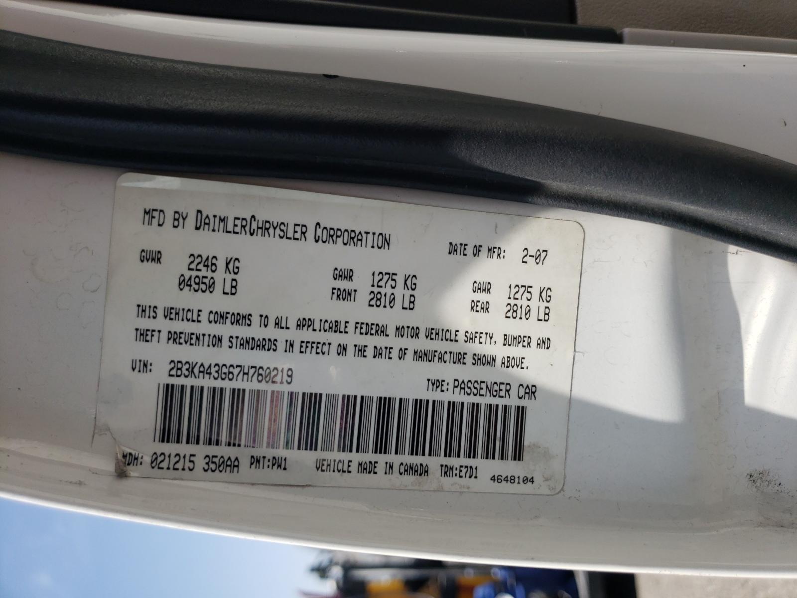 Photo 10 from auction – 2007 DODGE CHARGER SE with VIN 2B3KA43G67H760219