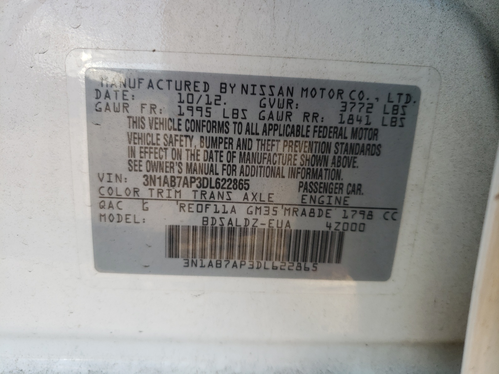 Photo 10 from auction – 2013 NISSAN SENTRA S with VIN 3N1AB7AP3DL622865
