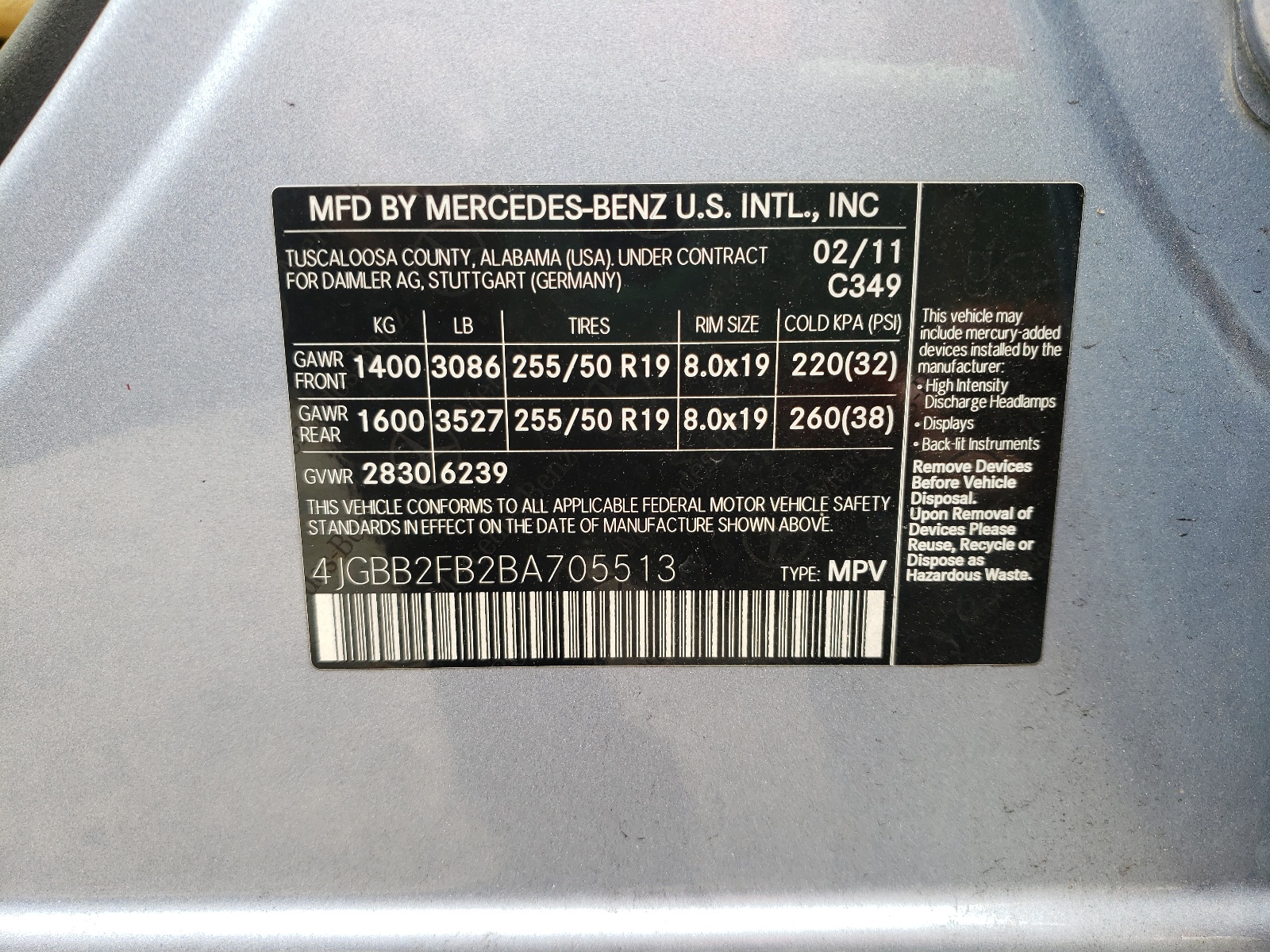 Photo 10 from auction – 2011 MERCEDES-BENZ ML 350 BLU with VIN 4JGBB2FB2BA705513