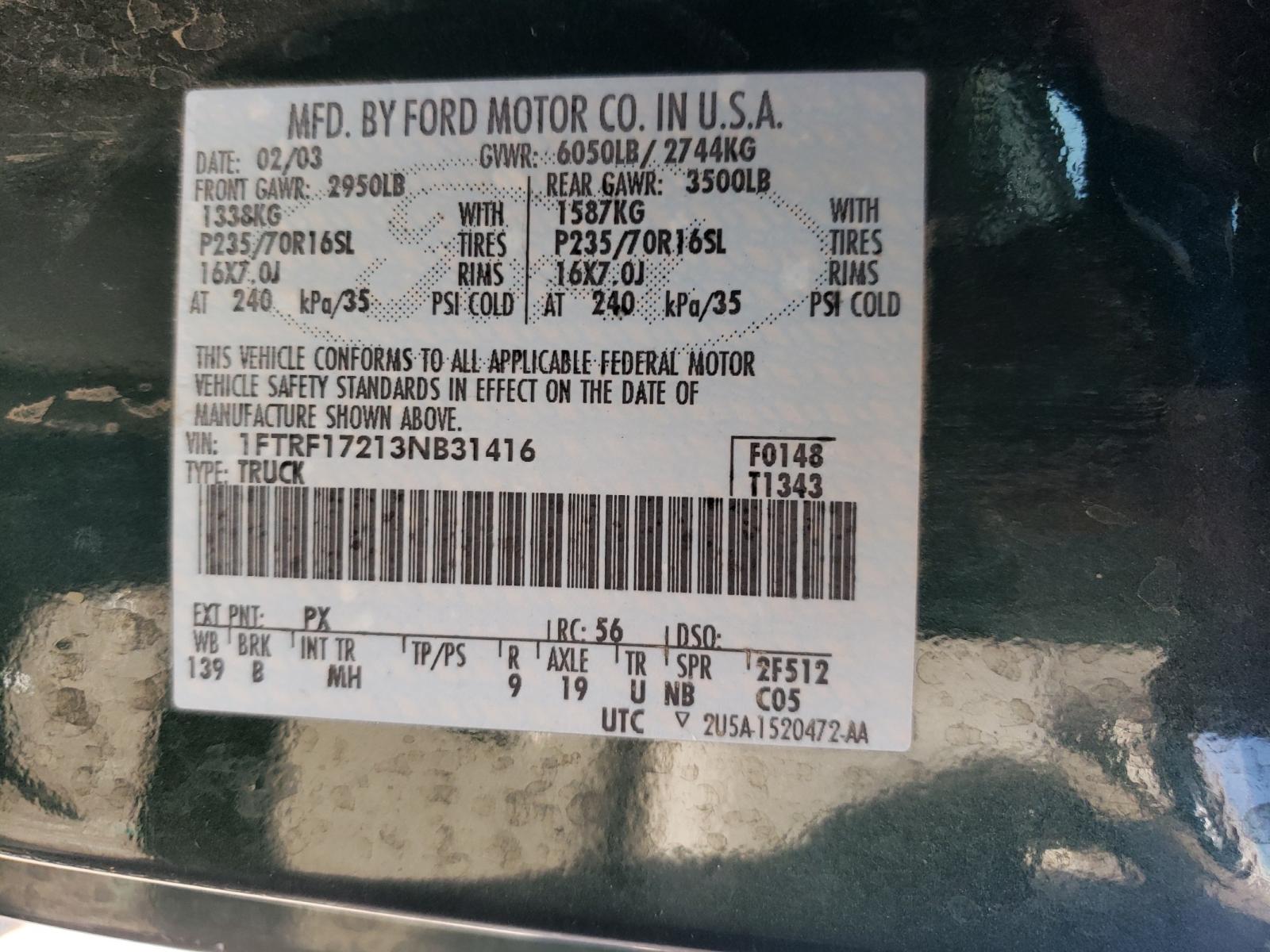 Photo 10 from auction – 2003 FORD F150 with VIN 1FTRF17213NB31416
