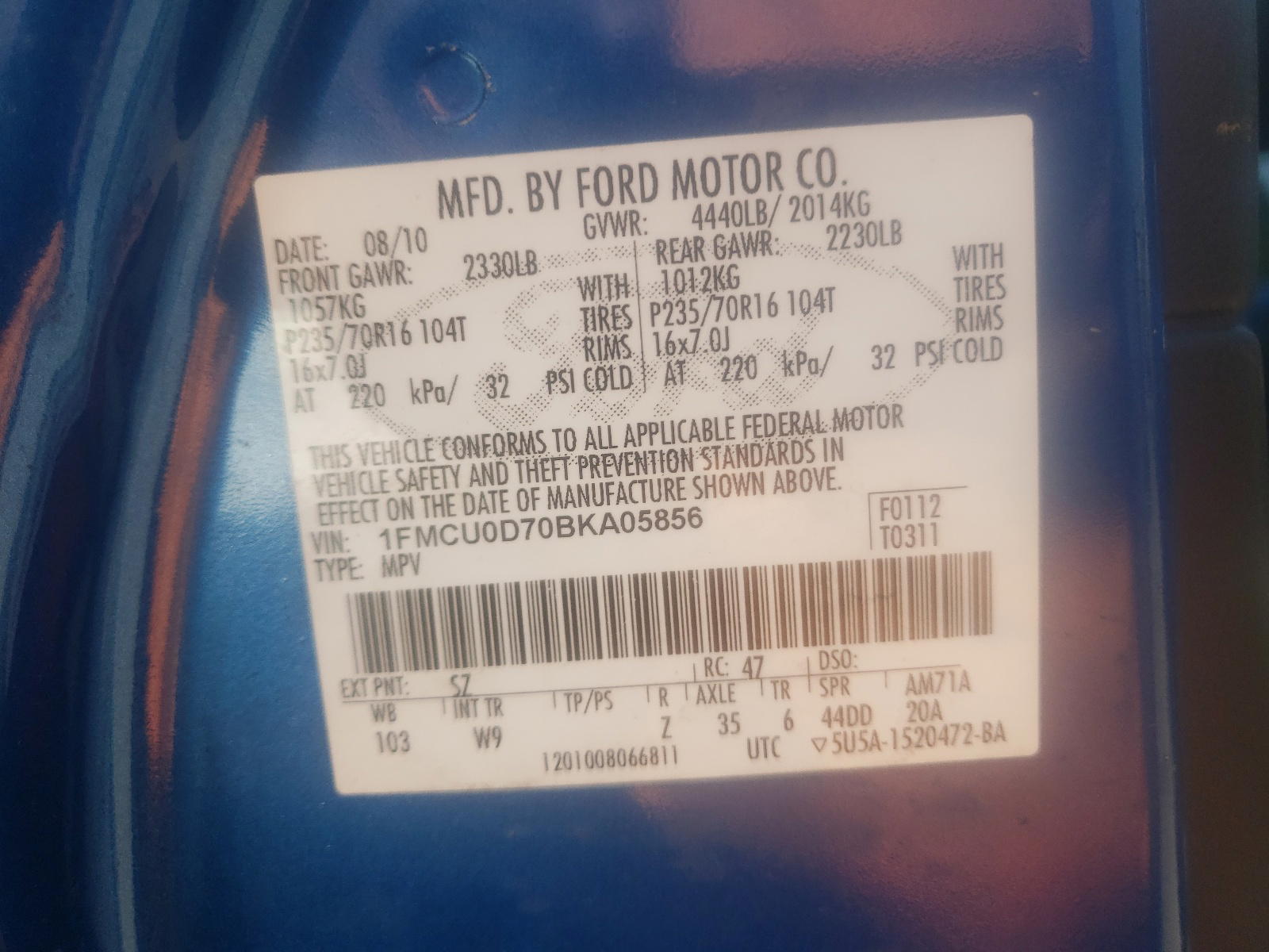 Photo 10 from auction – 2011 FORD ESCAPE XLT with VIN 1FMCU0D70BKA05856