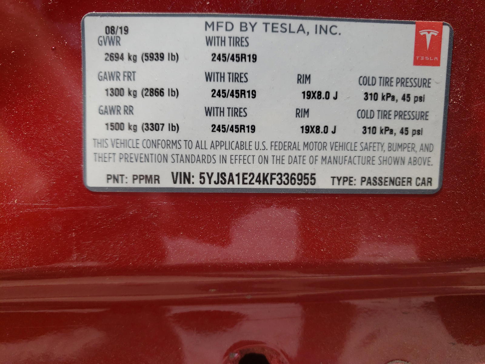 Photo 10 from auction – 2019 TESLA MODEL S with VIN 5YJSA1E24KF336955