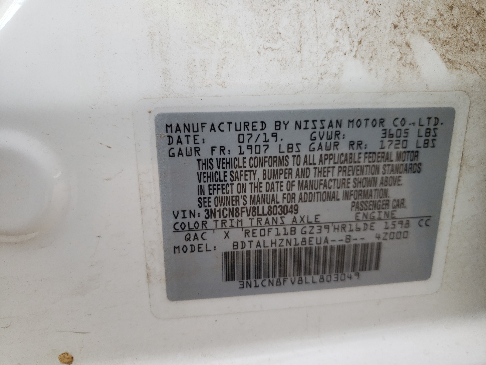 Photo 11 from auction – 2020 NISSAN VERSA SR with VIN 3N1CN8FV8LL803049