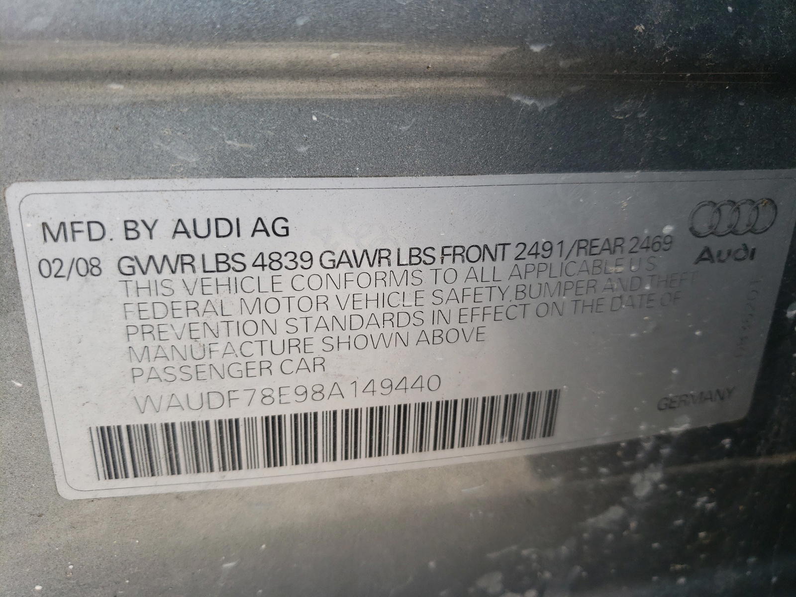 Photo 10 from auction – 2008 AUDI A4 2.0T QU with VIN WAUDF78E98A149440