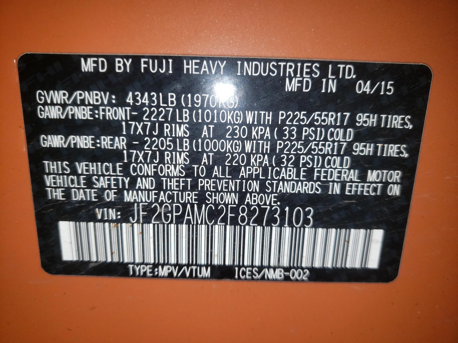 Photo 10 from auction – 2015 SUBARU XV CROSSTR with VIN JF2GPAMC2F8273103