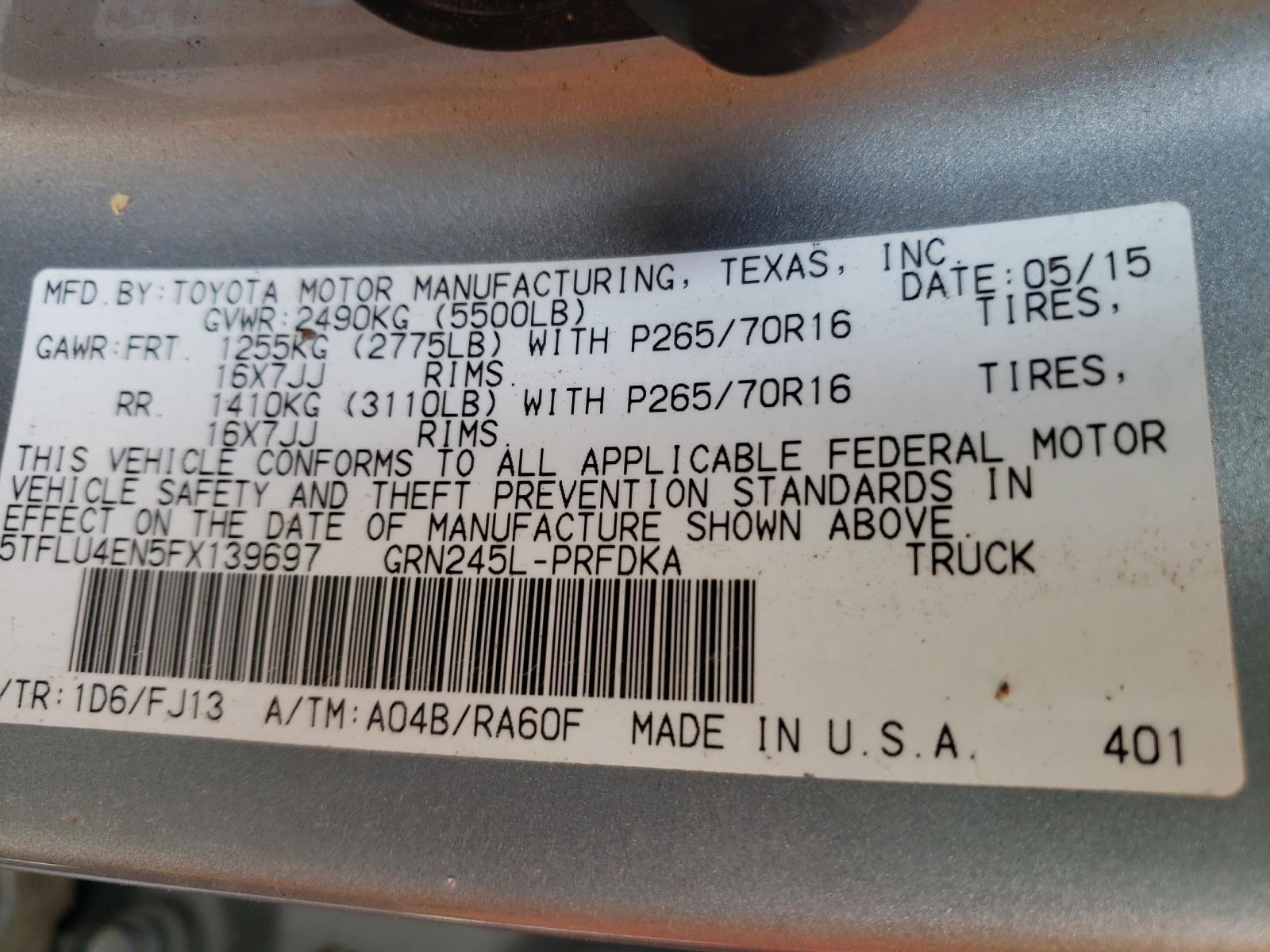 Photo 10 from auction – 2015 TOYOTA TACOMA DOU with VIN 5TFLU4EN5FX139697