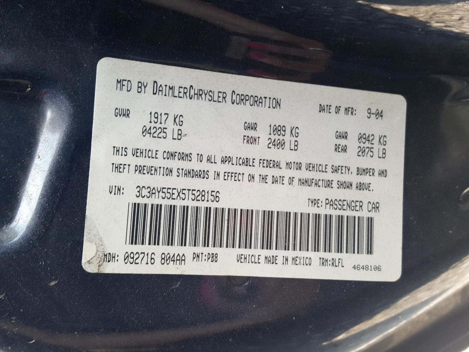 Photo 10 from auction – 2005 CHRYSLER PT CRUISER with VIN 3C3AY55EX5T528156