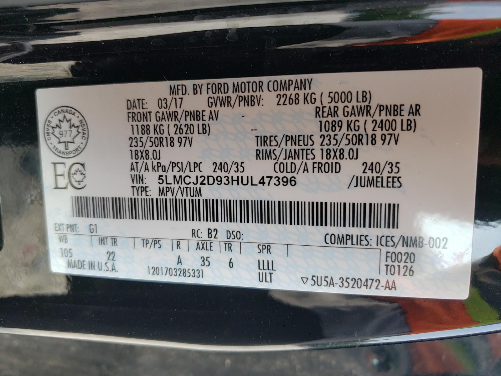 Photo 10 from auction – 2017 LINCOLN MKC SELECT with VIN 5LMCJ2D93HUL47396
