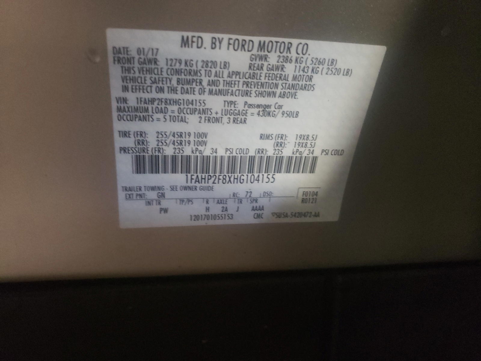 Photo 10 from auction – 2017 FORD TAURUS LIM with VIN 1FAHP2F8XHG104155