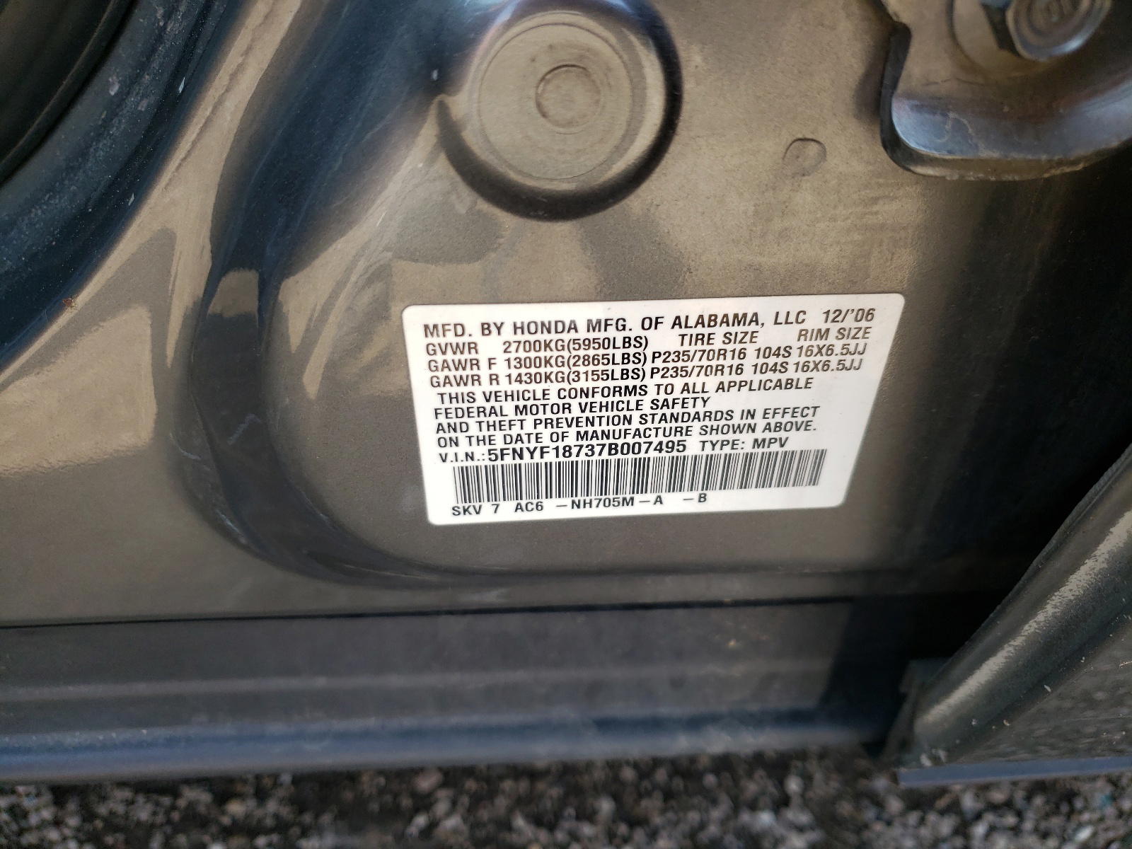 Photo 10 from auction – 2007 HONDA PILOT EXL with VIN 5FNYF18737B007495