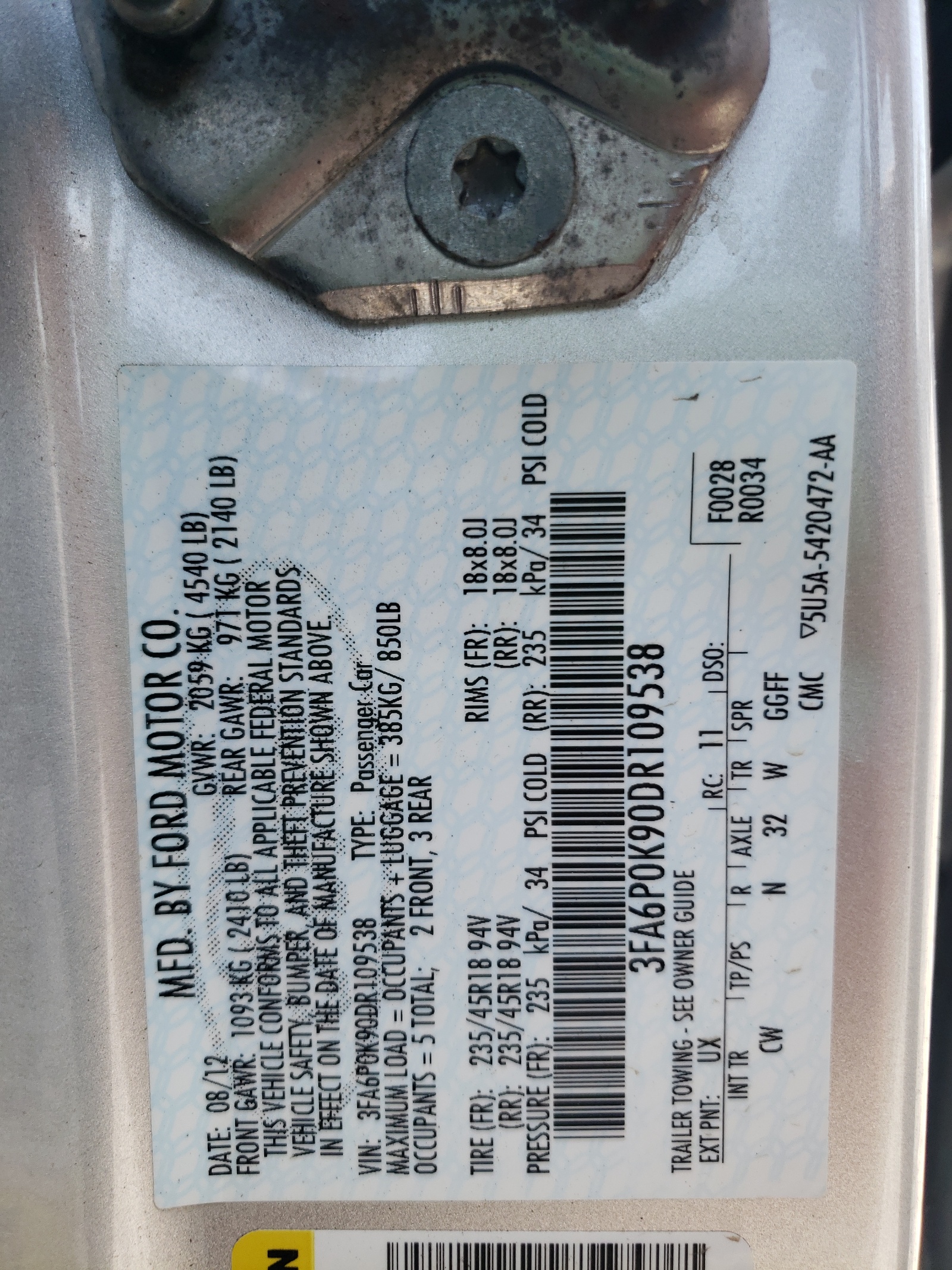 Photo 10 from auction – 2013 FORD FUSION TIT with VIN 3FA6P0K90DR109538