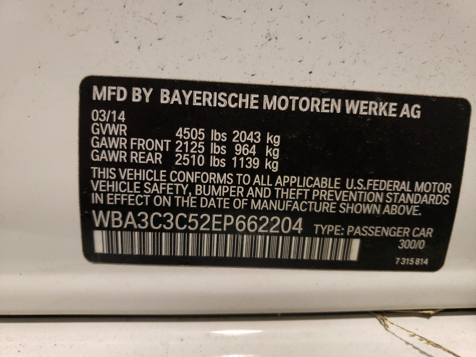Photo 10 from auction – 2014 BMW 320 I XDRI with VIN WBA3C3C52EP662204