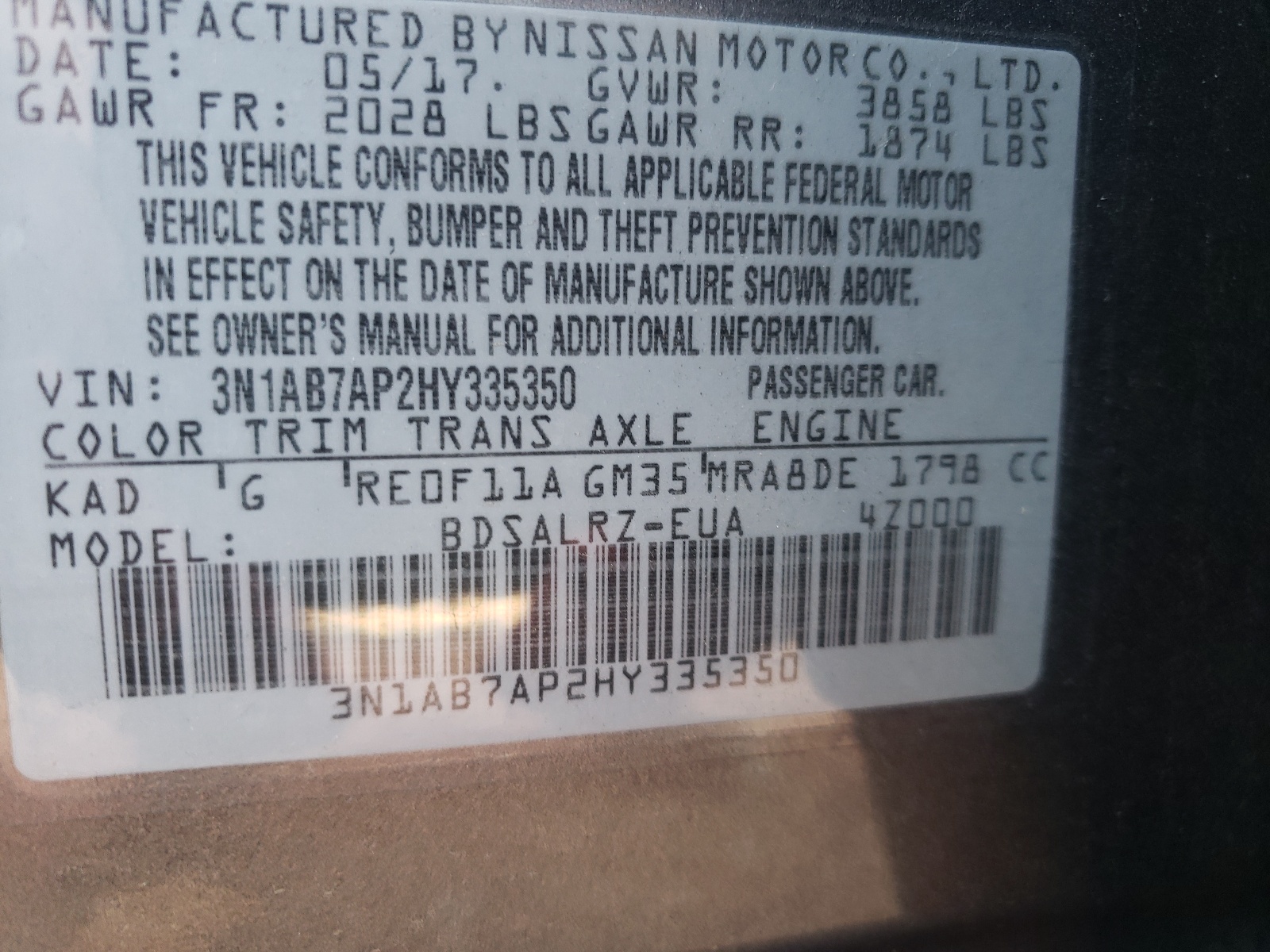 Photo 10 from auction – 2017 NISSAN SENTRA S with VIN 3N1AB7AP2HY335350