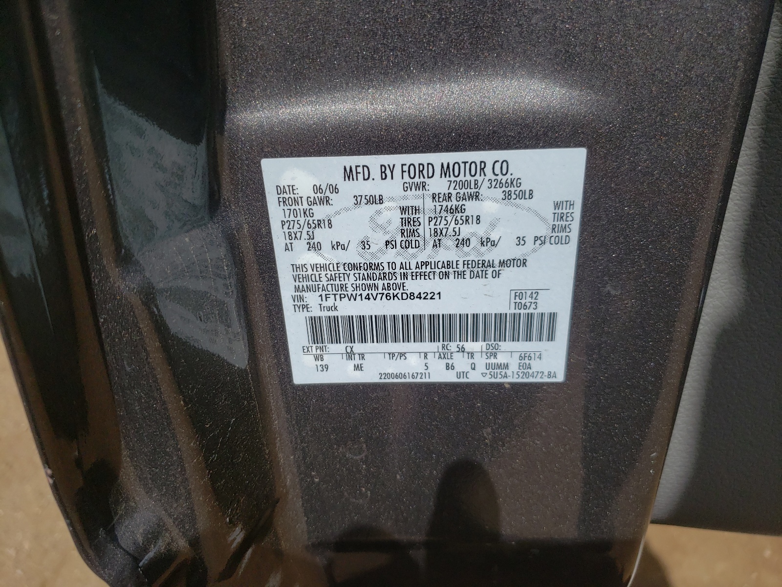Photo 10 from auction – 2006 FORD F150 SUPER with VIN 1FTPW14V76KD84221