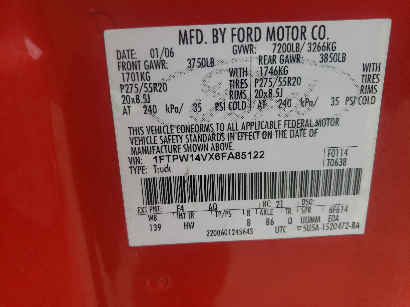 Photo 10 from auction – 2006 FORD F150 SUPER with VIN 1FTPW14VX6FA85122