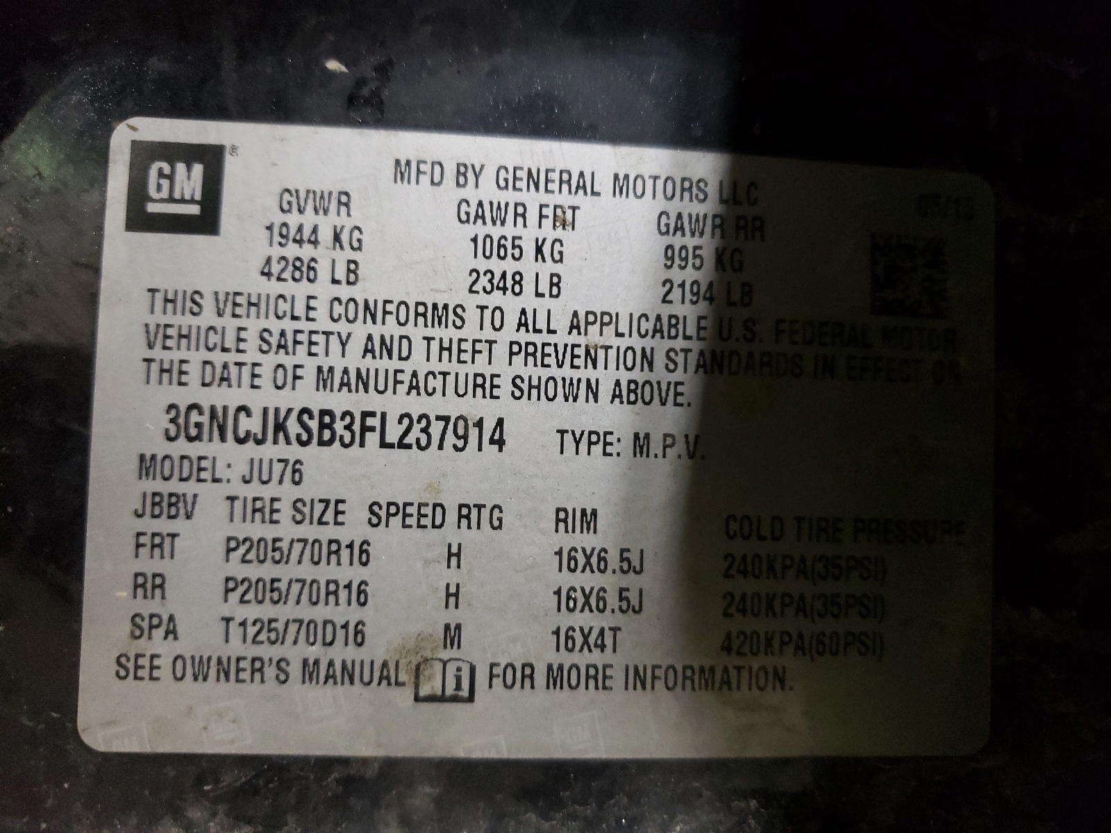 Photo 10 from auction – 2015 CHEVROLET TRAX LS with VIN 3GNCJKSB3FL237914