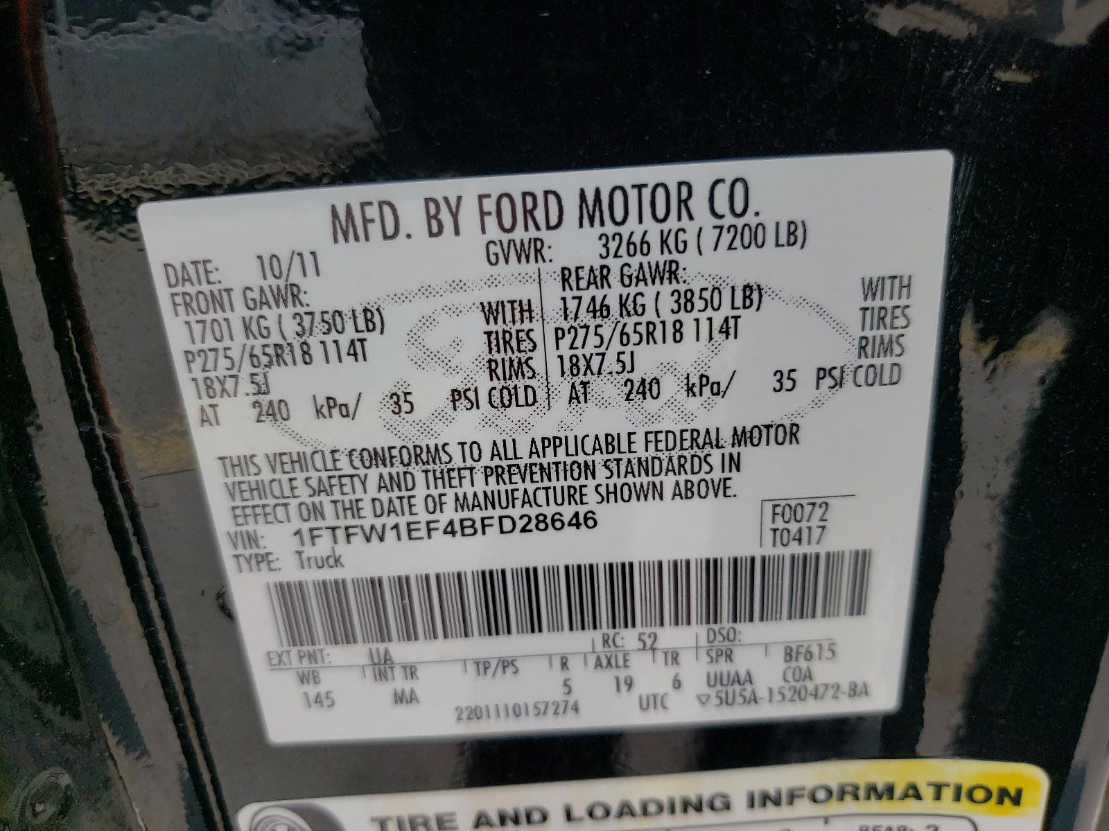 Photo 10 from auction – 2011 FORD F150 SUPER with VIN 1FTFW1EF4BFD28646