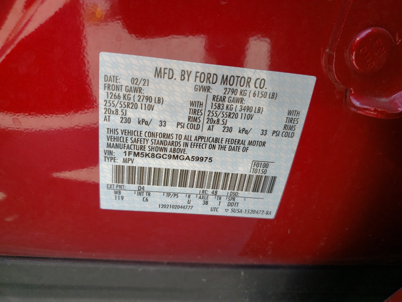 Photo 10 from auction – 2021 FORD EXPLORER S with VIN 1FM5K8GC9MGA59975