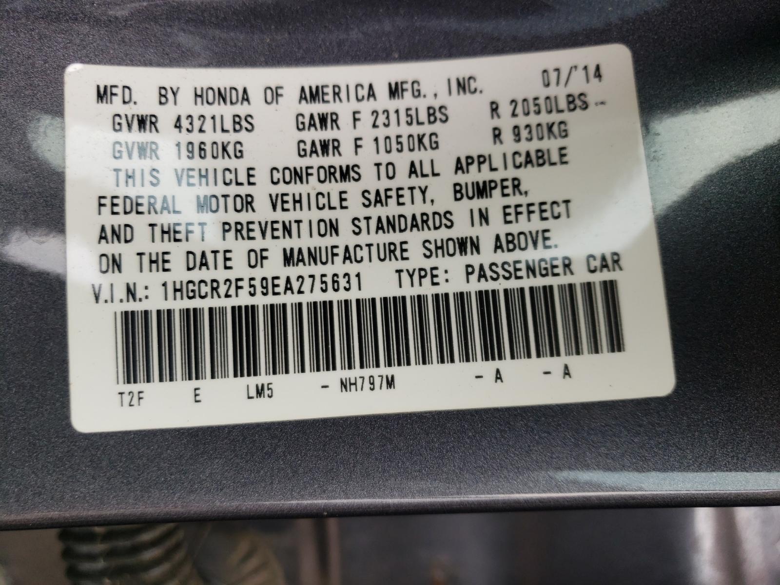 Photo 10 from auction – 2014 HONDA ACCORD SPO with VIN 1HGCR2F59EA275631