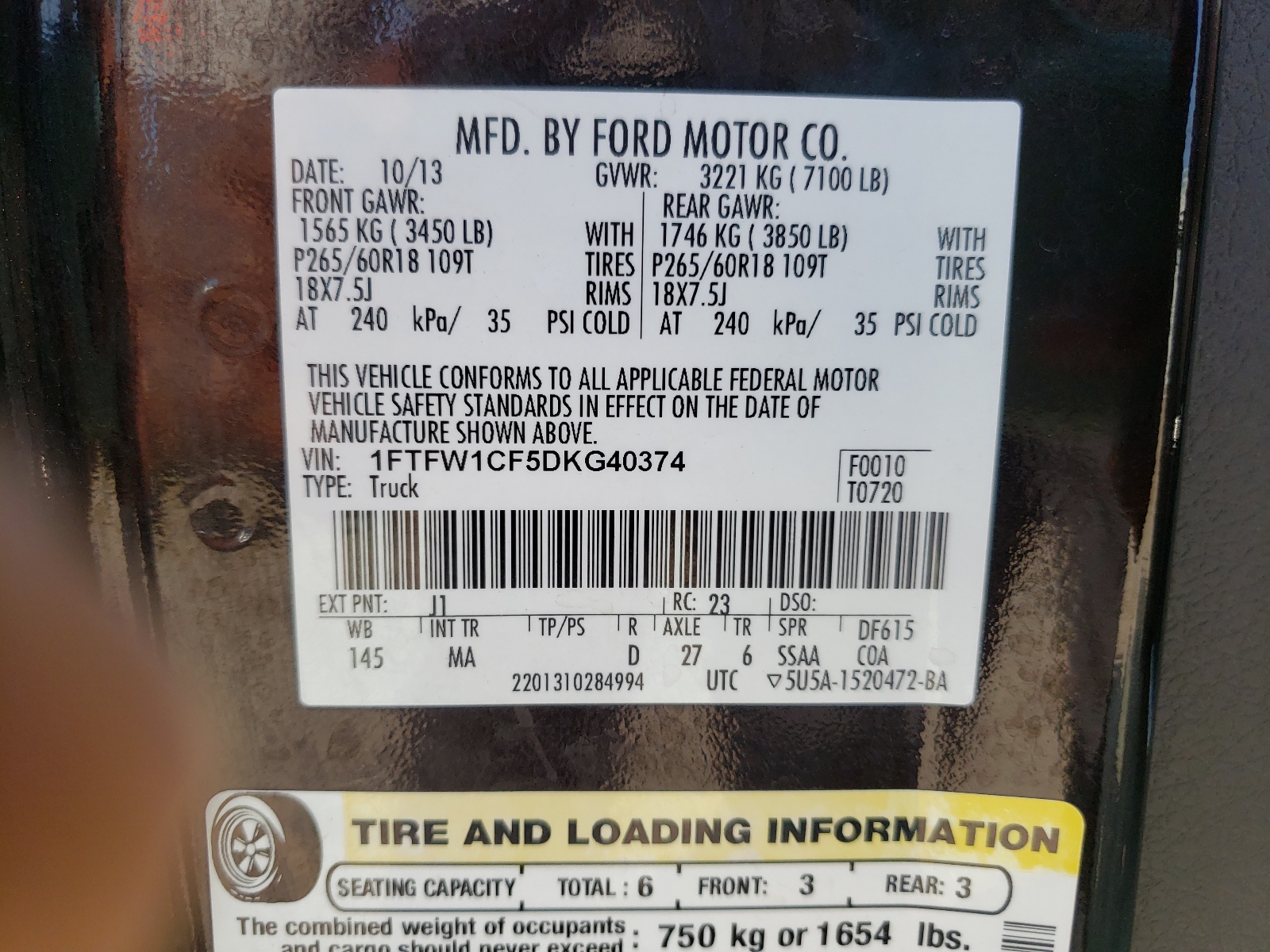 Photo 10 from auction – 2013 FORD F150 SUPER with VIN 1FTFW1CF5DKG40374