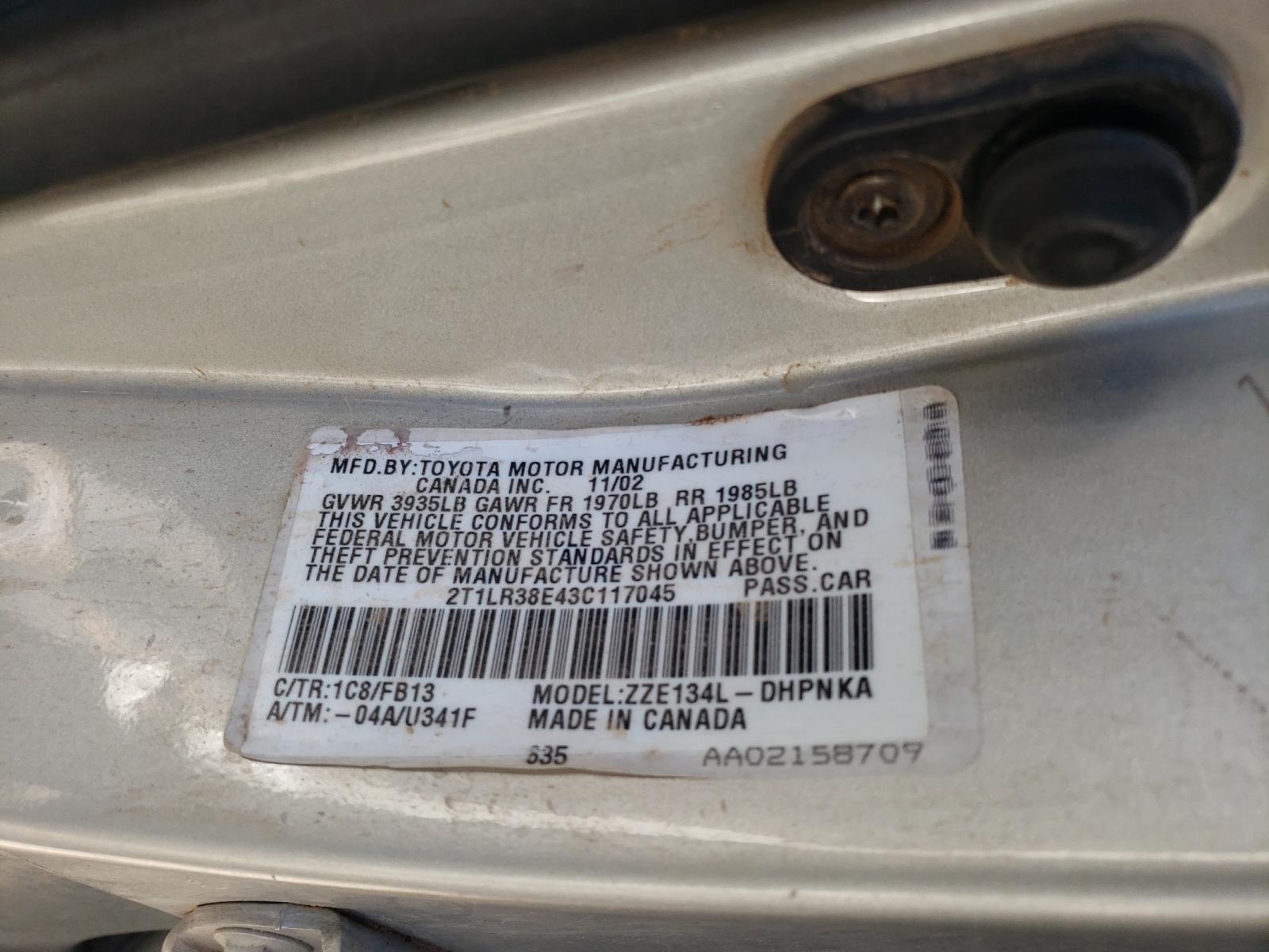 Photo 10 from auction – 2003 TOYOTA COROLLA MA with VIN 2T1LR38E43C117045