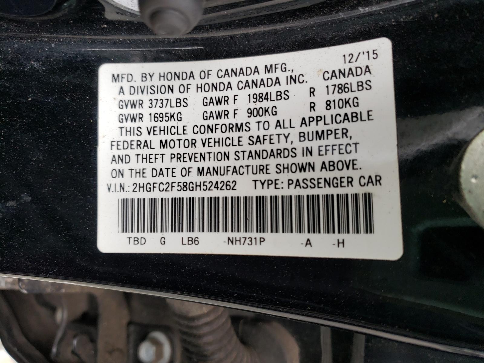 Photo 10 from auction – 2016 HONDA CIVIC LX with VIN 2HGFC2F58GH524262