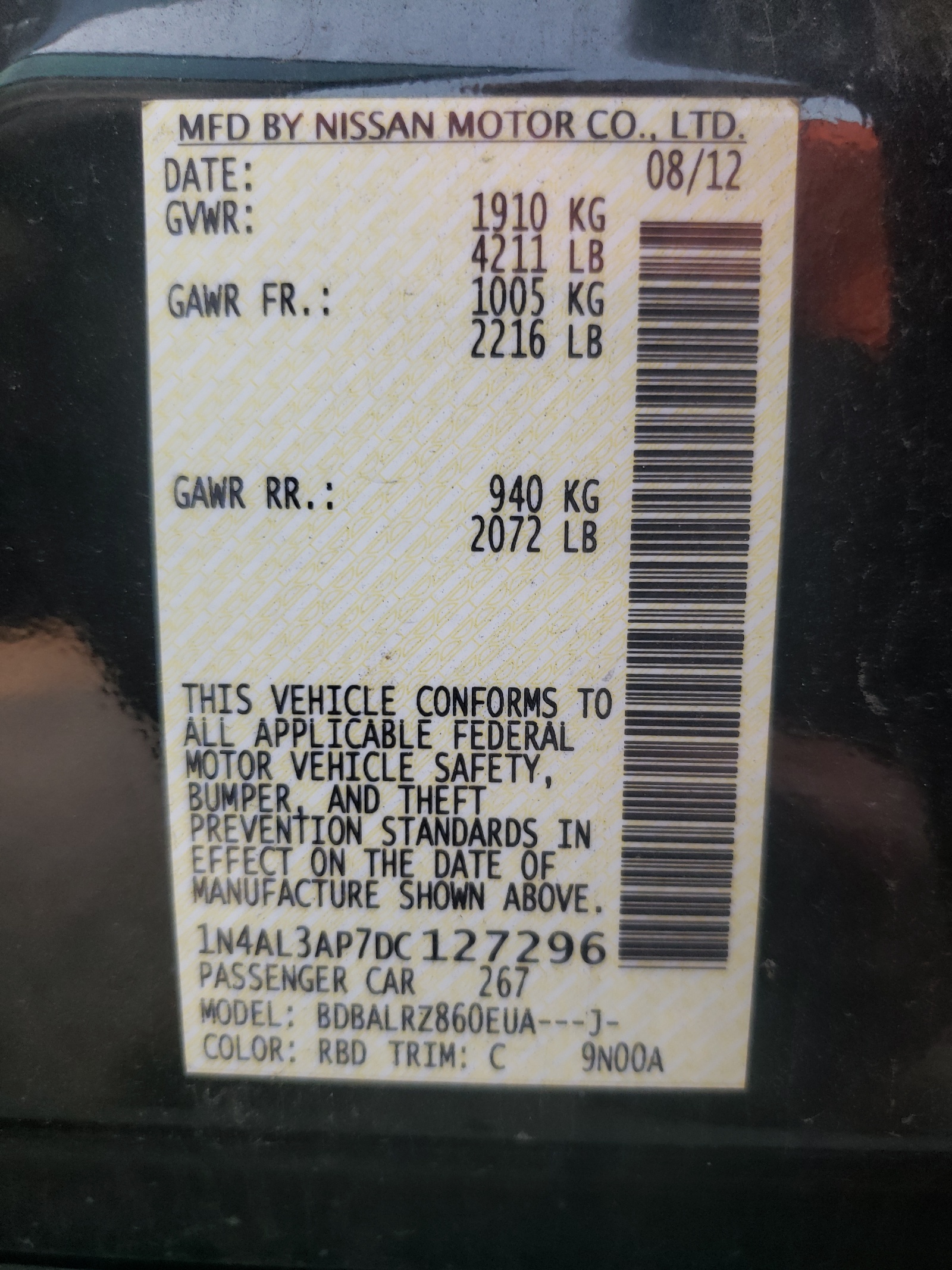 Photo 10 from auction – 2013 NISSAN ALTIMA 2.5 with VIN 1N4AL3AP7DC127296