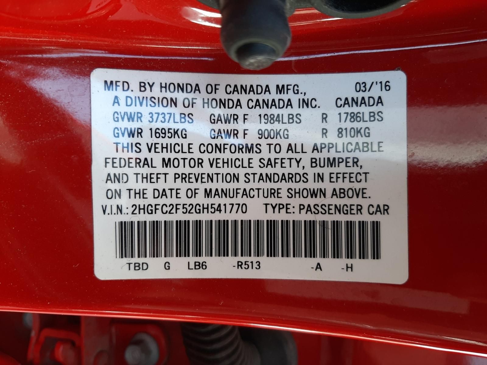 Photo 10 from auction – 2016 HONDA CIVIC LX with VIN 2HGFC2F52GH541770