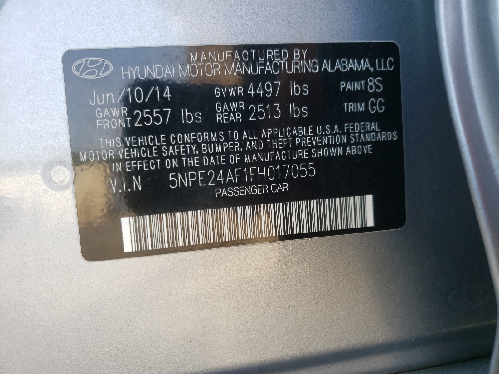 Photo 10 from auction – 2015 HYUNDAI SONATA SE with VIN 5NPE24AF1FH017055
