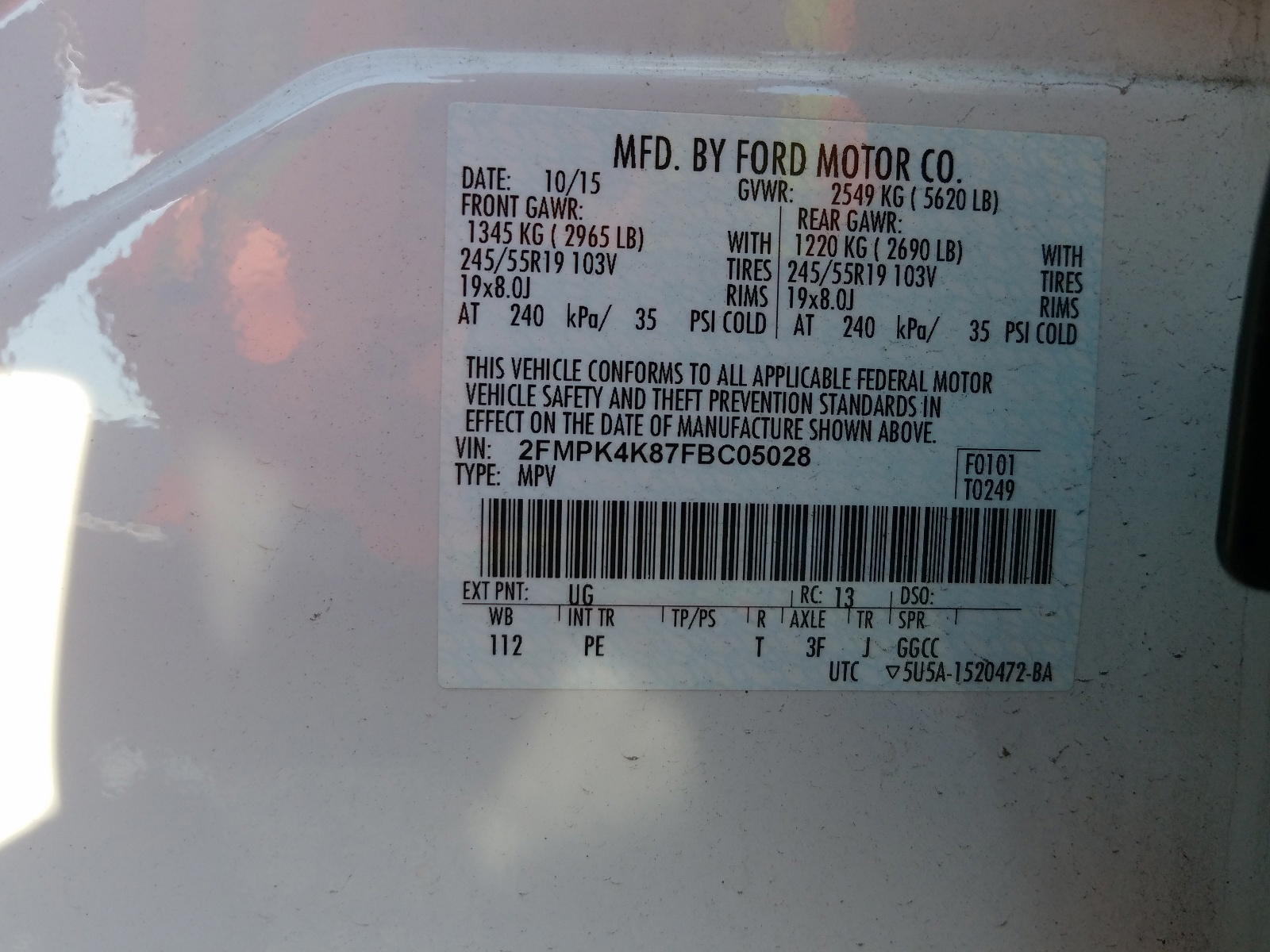 Photo 10 from auction – 2015 FORD EDGE TITAN with VIN 2FMPK4K87FBC05028
