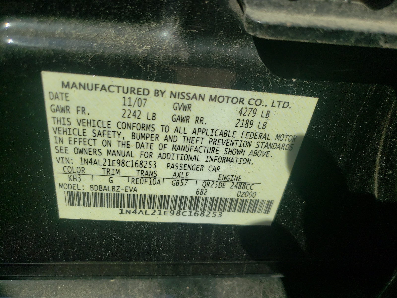 Photo 10 from auction – 2008 NISSAN ALTIMA 2.5 with VIN 1N4AL21E98C168253
