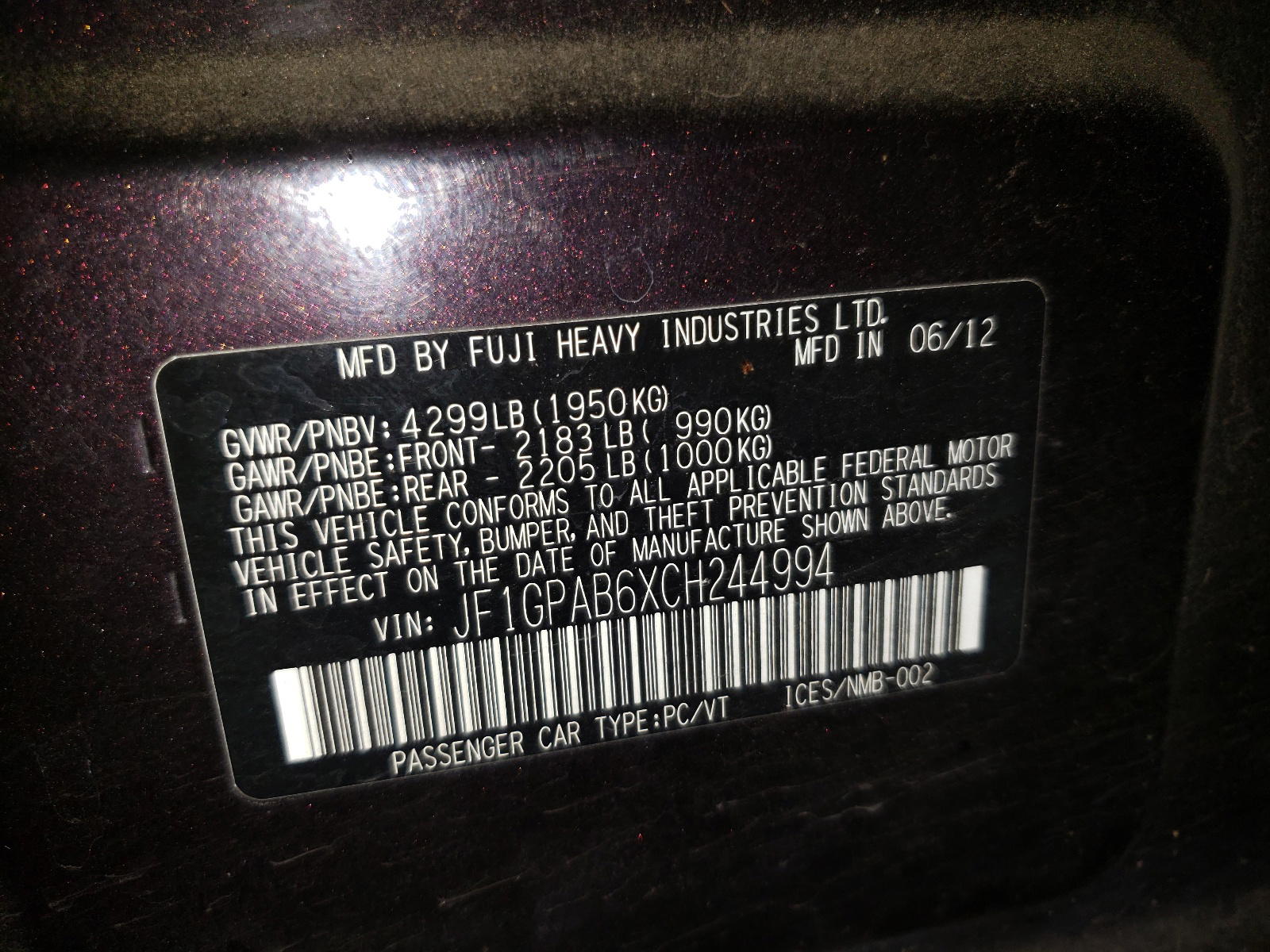Photo 10 from auction – 2012 SUBARU IMPREZA PR with VIN JF1GPAB6XCH244994