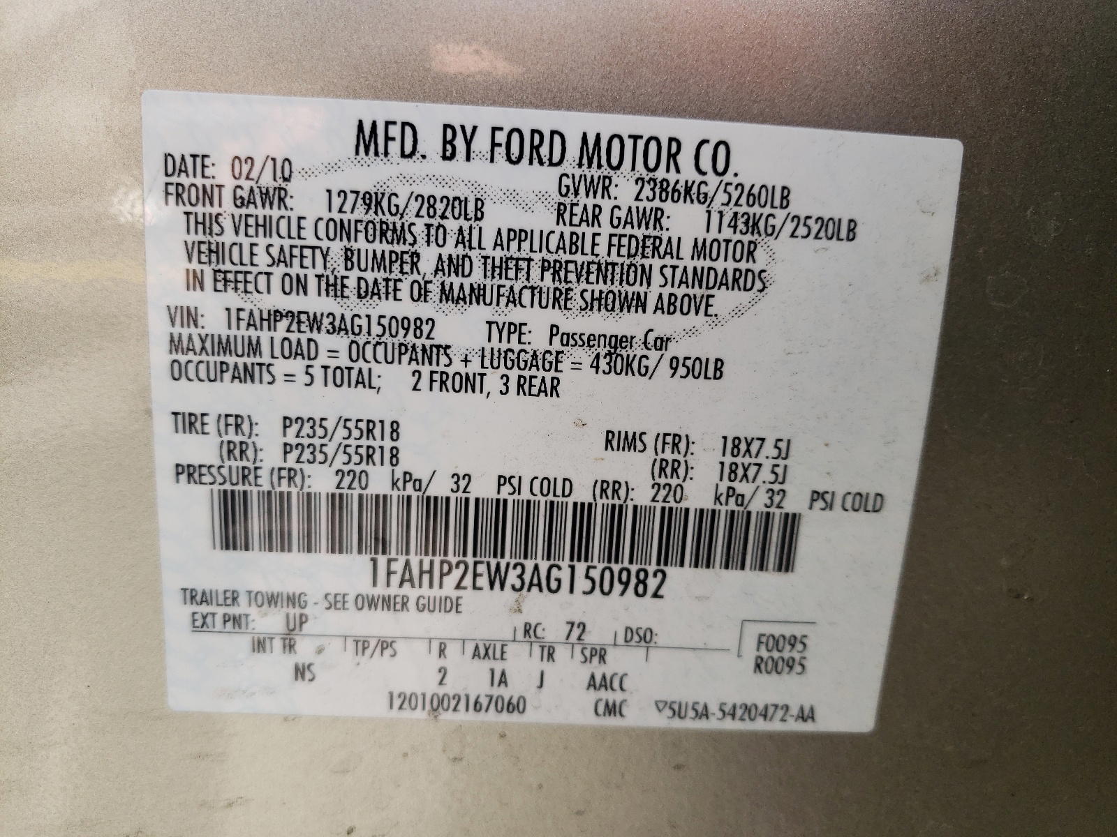 Photo 10 from auction – 2010 FORD TAURUS SEL with VIN 1FAHP2EW3AG150982