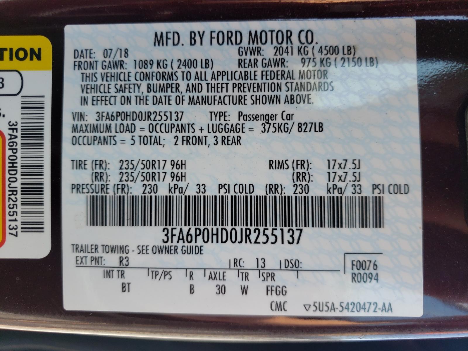 Photo 10 from auction – 2018 FORD FUSION with VIN 3FA6P0HD0JR255137