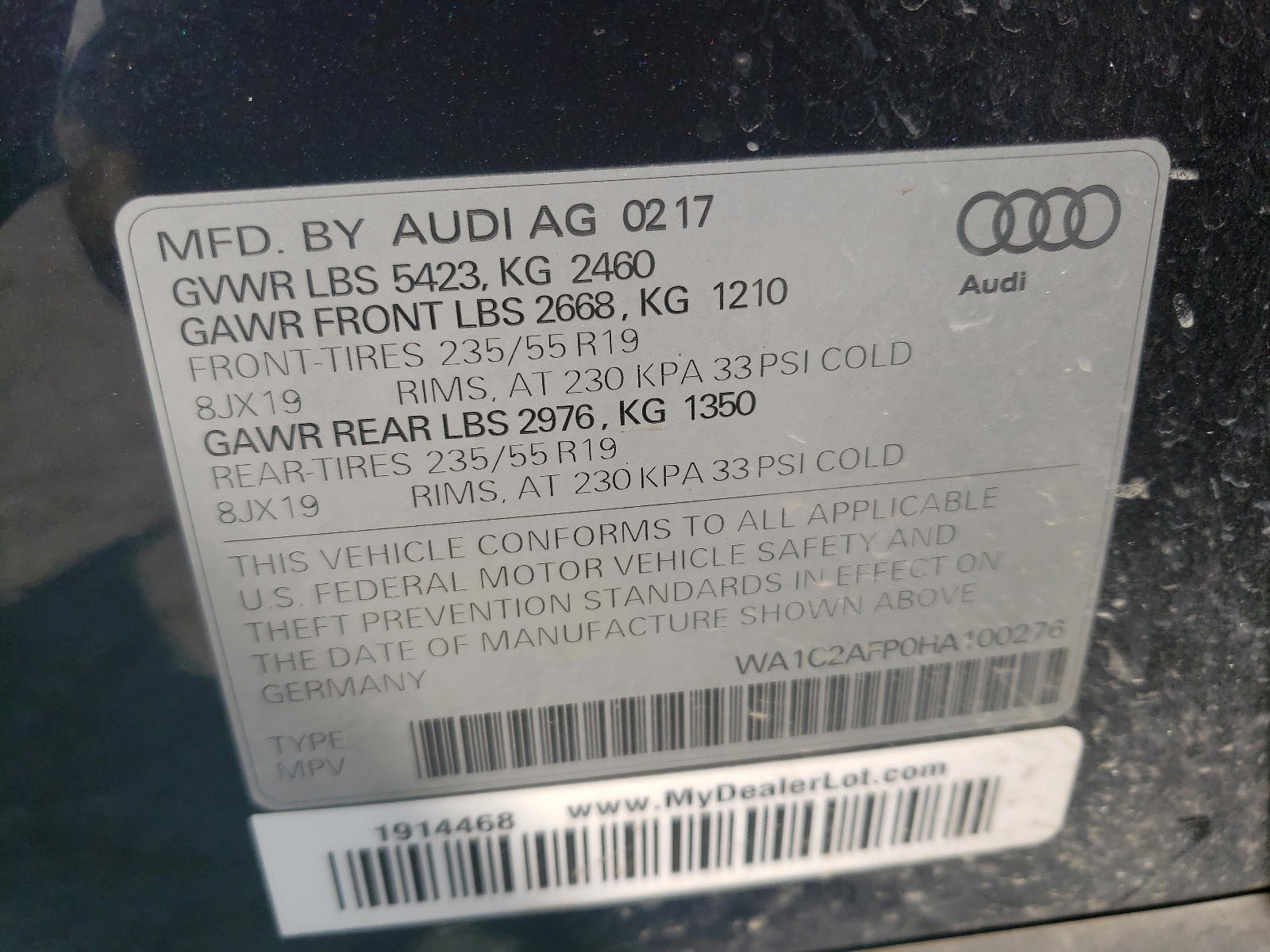 Photo 10 from auction – 2017 AUDI Q5 PREMIUM with VIN WA1C2AFP0HA100276