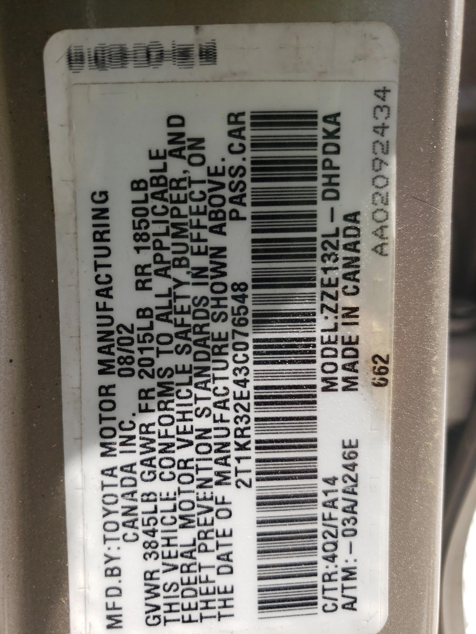 Photo 10 from auction – 2003 TOYOTA COROLLA MA with VIN 2T1KR32E43C076548