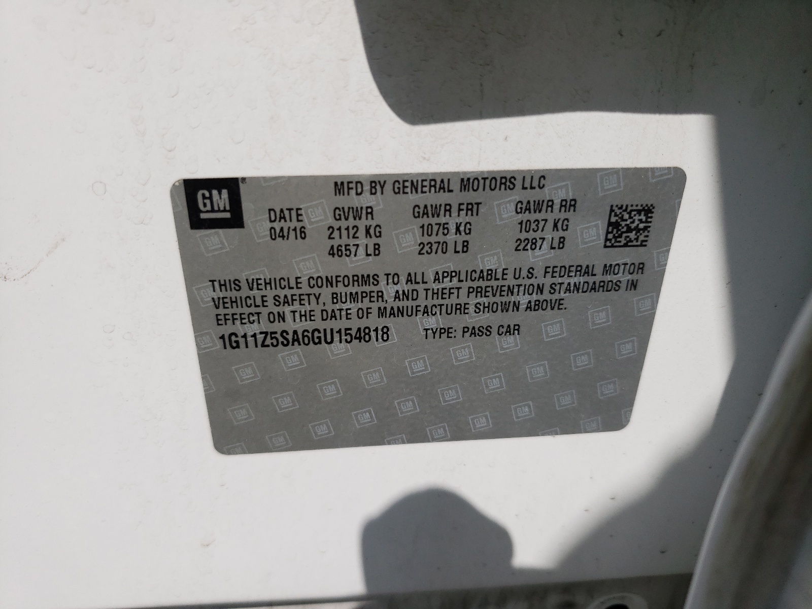 Photo 10 from auction – 2016 CHEVROLET IMPALA LS with VIN 1G11Z5SA6GU154818