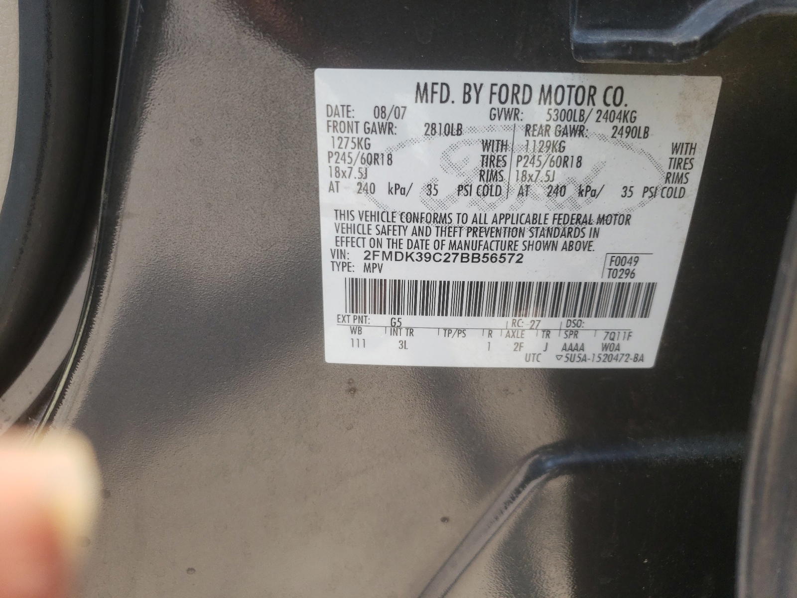 Photo 10 from auction – 2007 FORD EDGE with VIN 2FMDK39C27BB56572