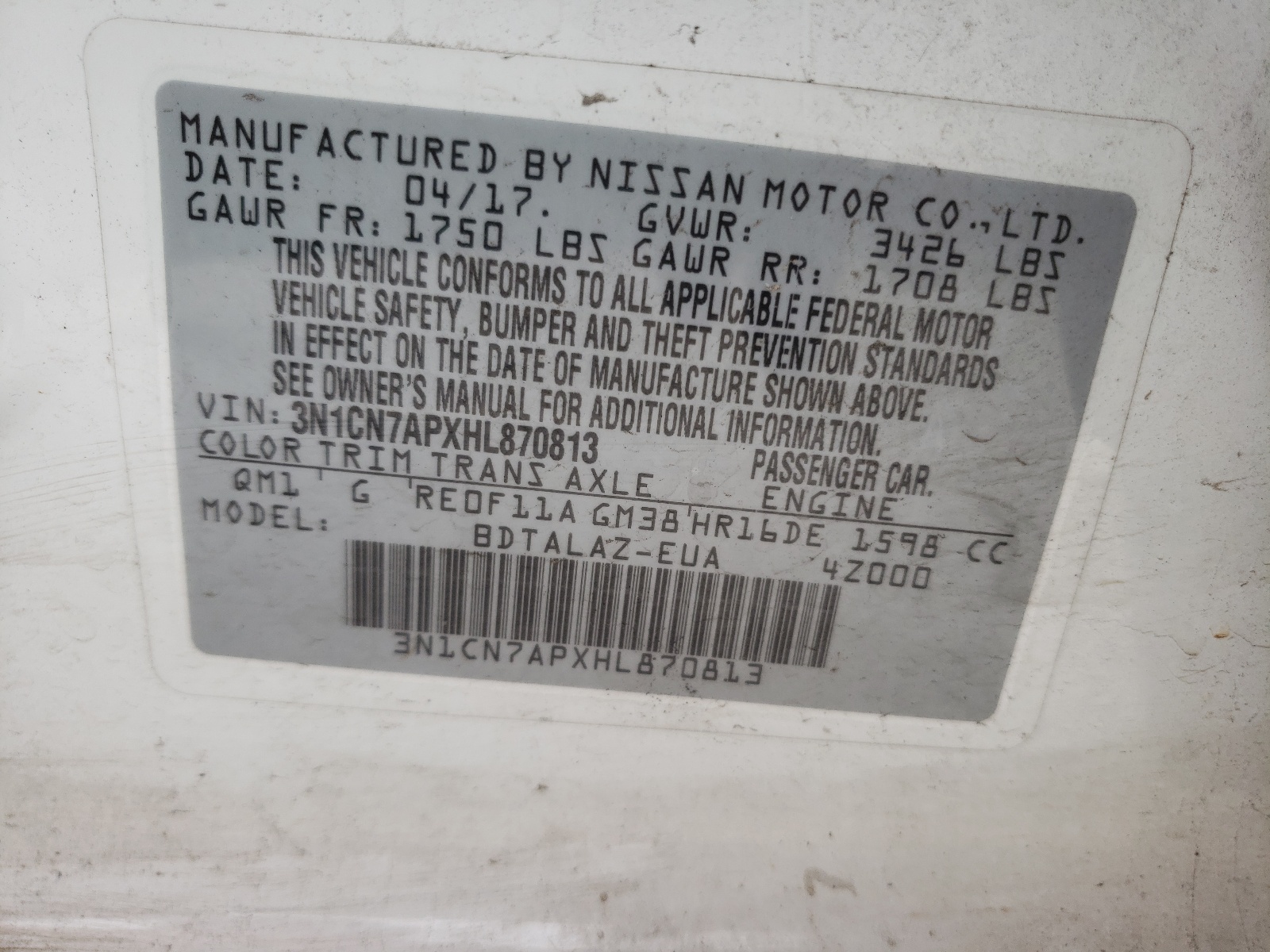 Photo 10 from auction – 2017 NISSAN VERSA S with VIN 3N1CN7APXHL870813