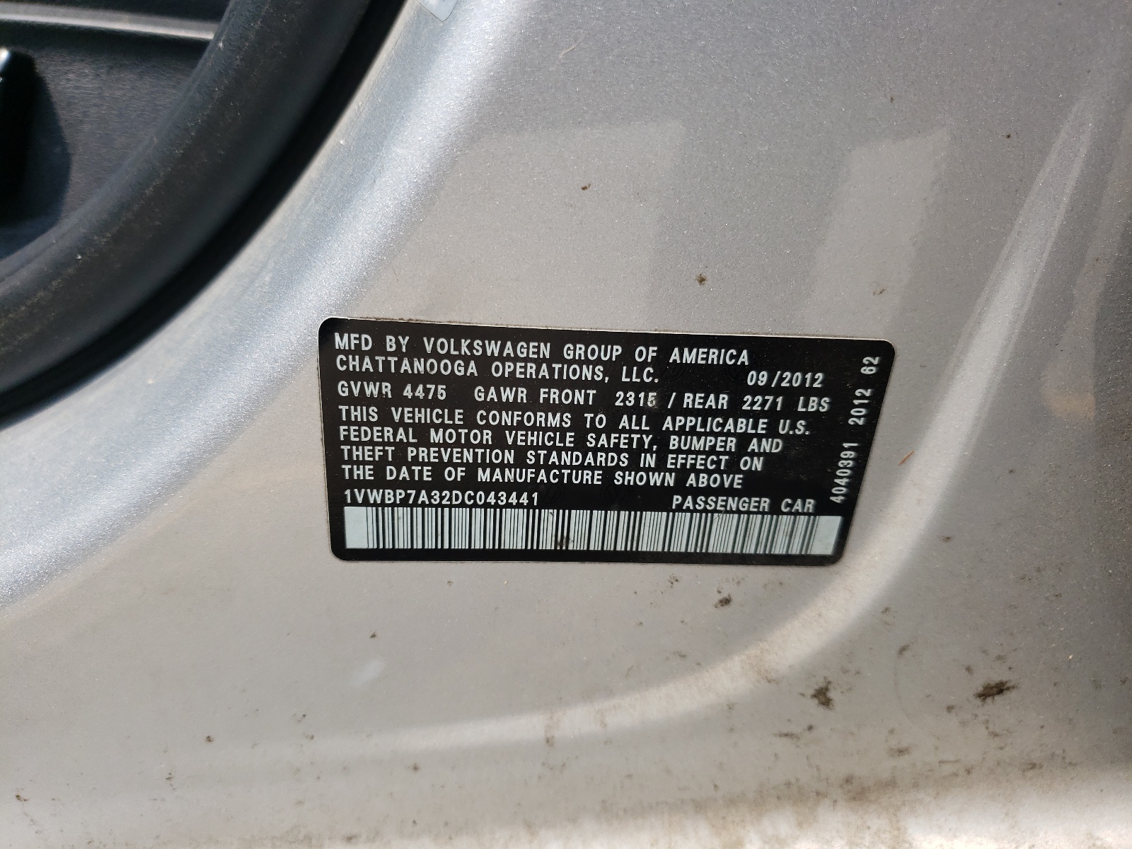 Photo 10 from auction – 2013 VOLKSWAGEN PASSAT SE with VIN 1VWBP7A32DC043441