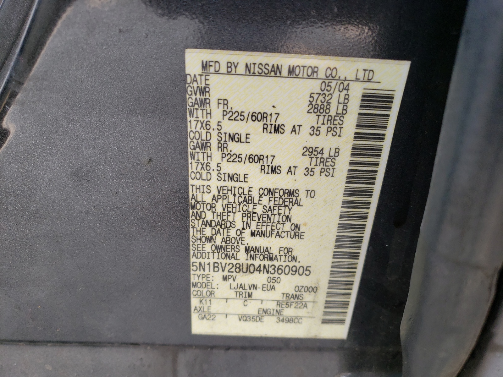 Photo 10 from auction – 2004 NISSAN QUEST S with VIN 5N1BV28U04N360905