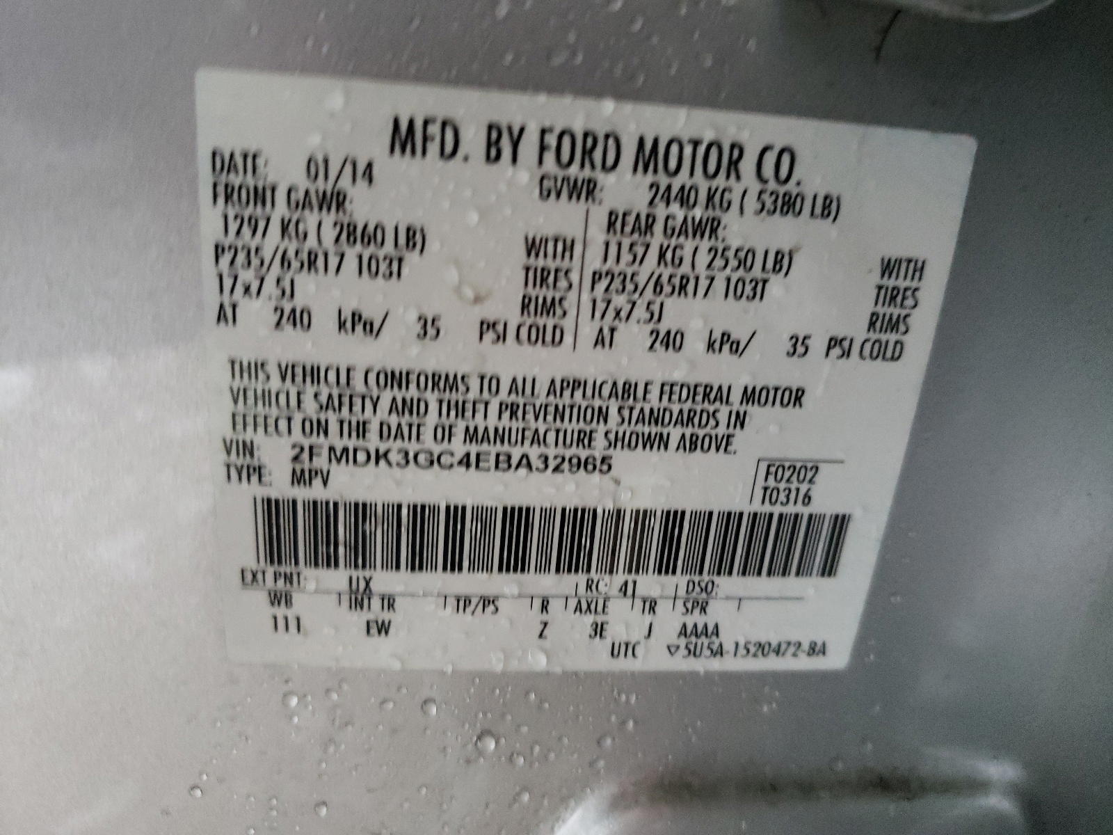 Photo 10 from auction – 2014 FORD EDGE SE with VIN 2FMDK3GC4EBA32965
