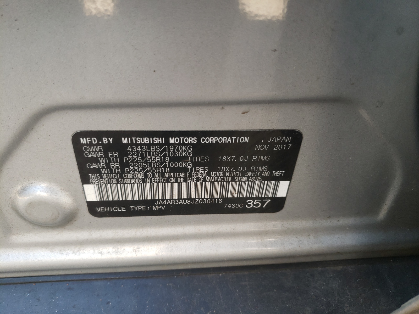 Photo 10 from auction – 2018 MITSUBISHI OUTLANDER with VIN JA4AR3AU8JZ030416