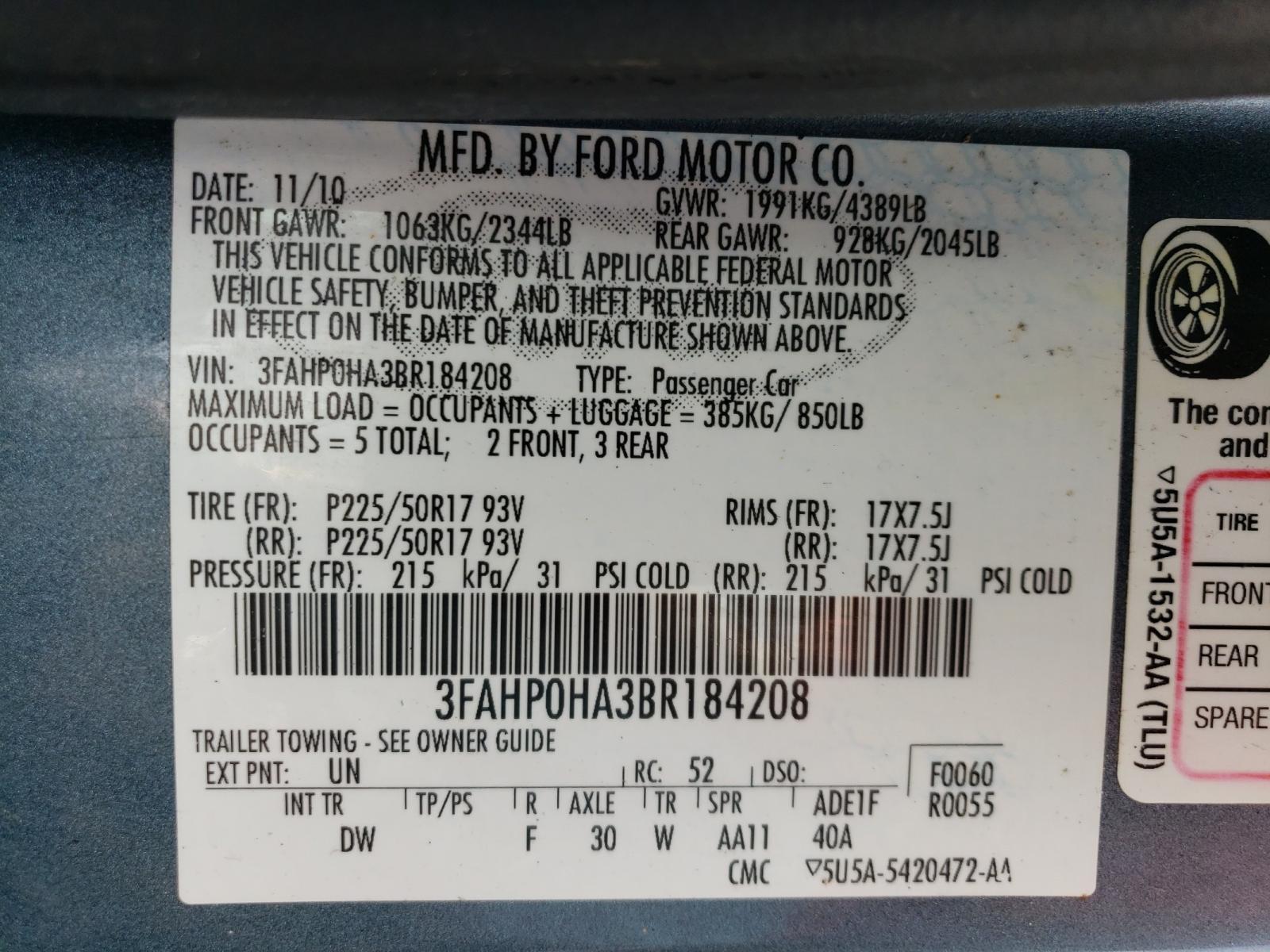 Photo 10 from auction – 2011 FORD FUSION SE with VIN 3FAHP0HA3BR184208