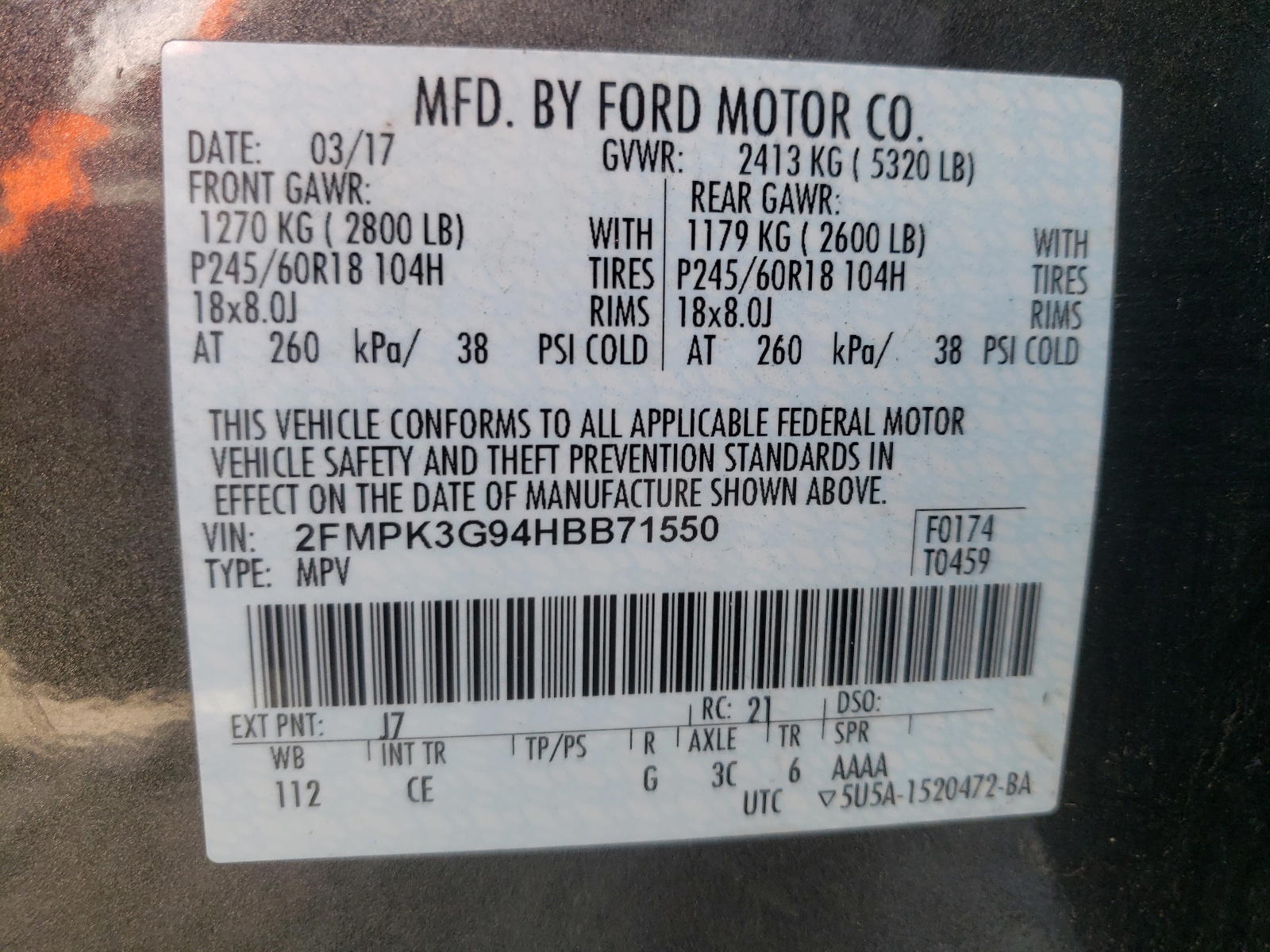 Photo 10 from auction – 2017 FORD EDGE SE with VIN 2FMPK3G94HBB71550